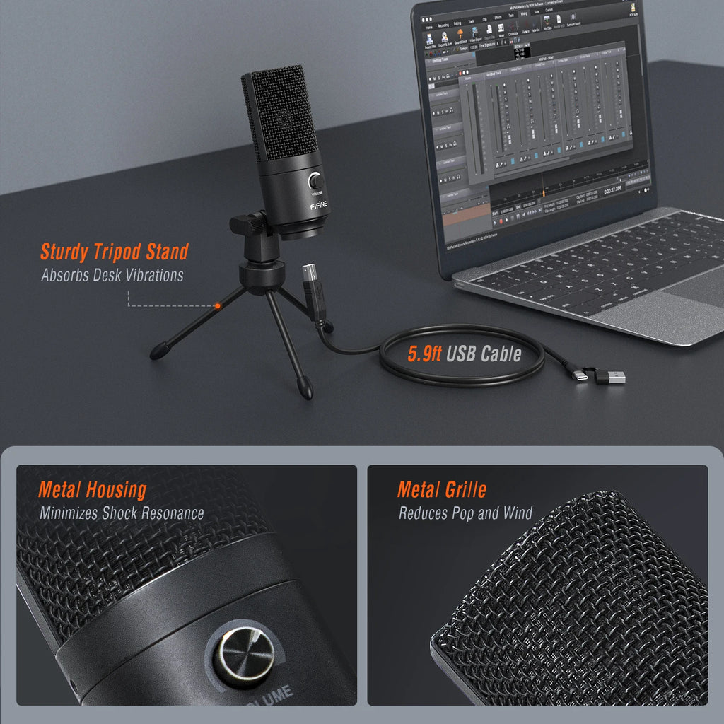FIFINE Metal USB Condenser Microphone with Gain Knob,Newly Upgraded Detachable Dual-Joint Recording Mic for Laptop/PC-K669