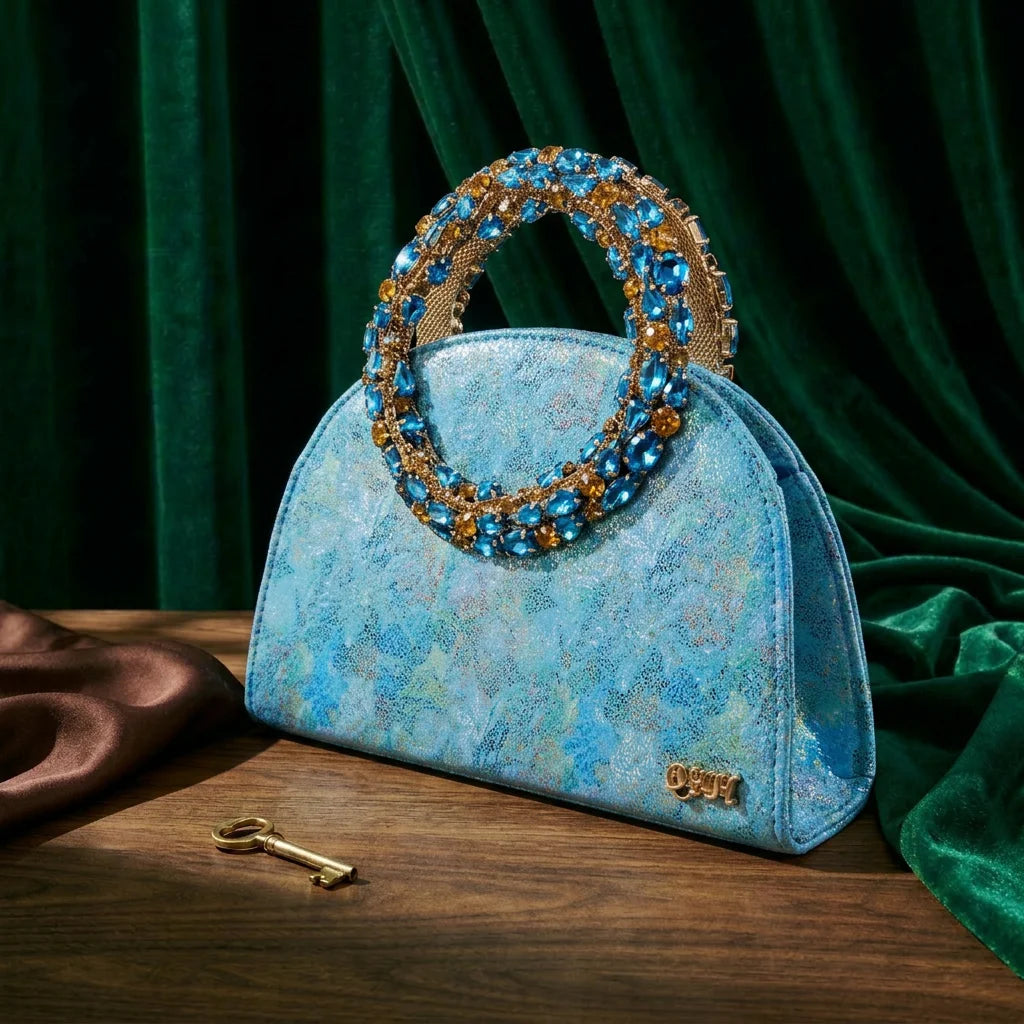 Shimmery Glitter Slingback Women High Heels Sky Blue Shoes and Matching Bag Set Rhinestone Wedding Party Banquet Events