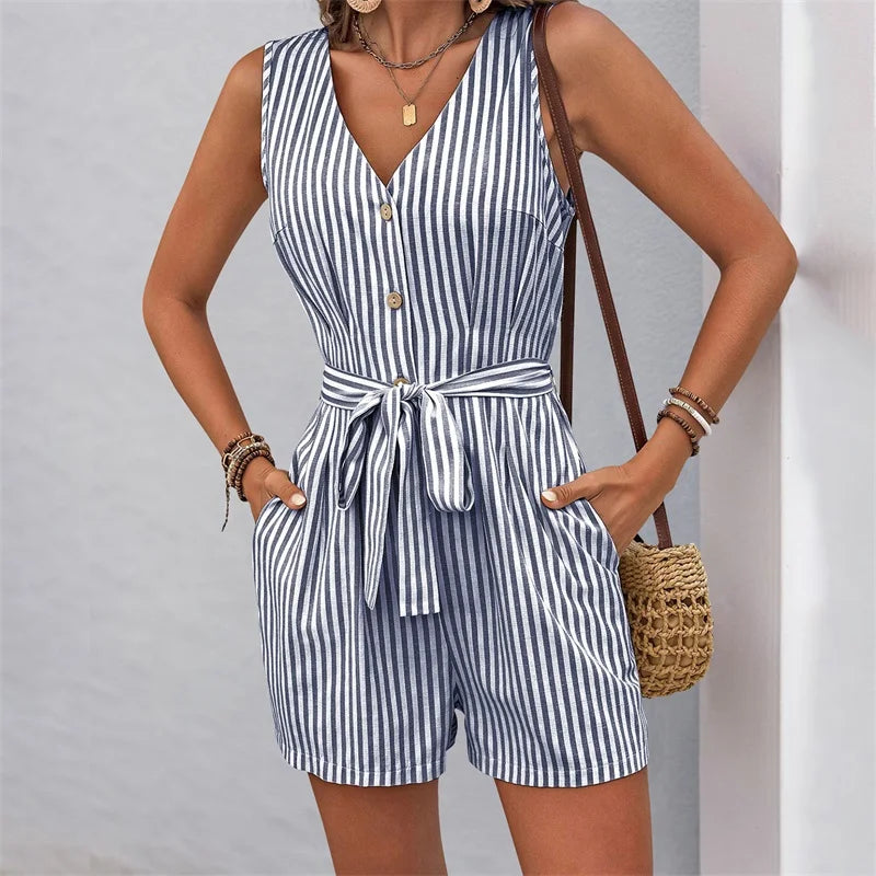Lamuusaa Women Playsuit Summer Stripe Print V Neck Sleeveless Loose Shorts Jumpsuit Romper with Belt and Pockets Streetwear