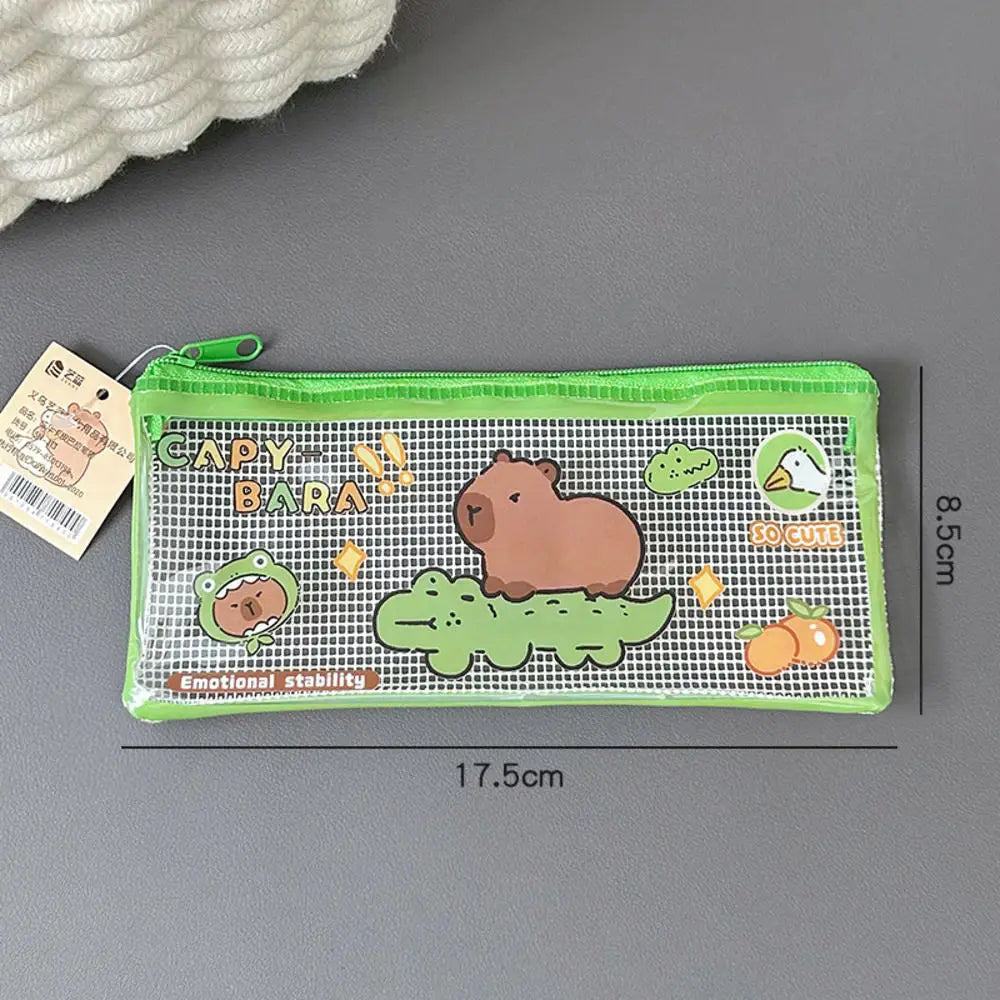 Cartoon Capybara Pencil Case Transparent Waterproof Zipper Pen Pouch Large Capacity Stationary Organizer Bag School Supplies