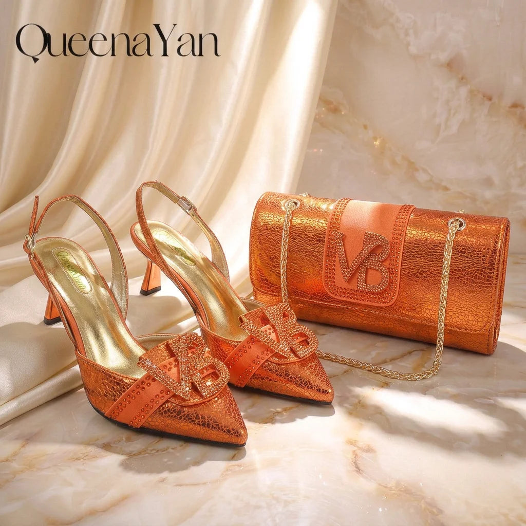 2026 Orange Slingback Shoe & Bag Set Rhinestone VB Letter Decor Pointed Toe High Heels for Wedding Evening Party Occasions