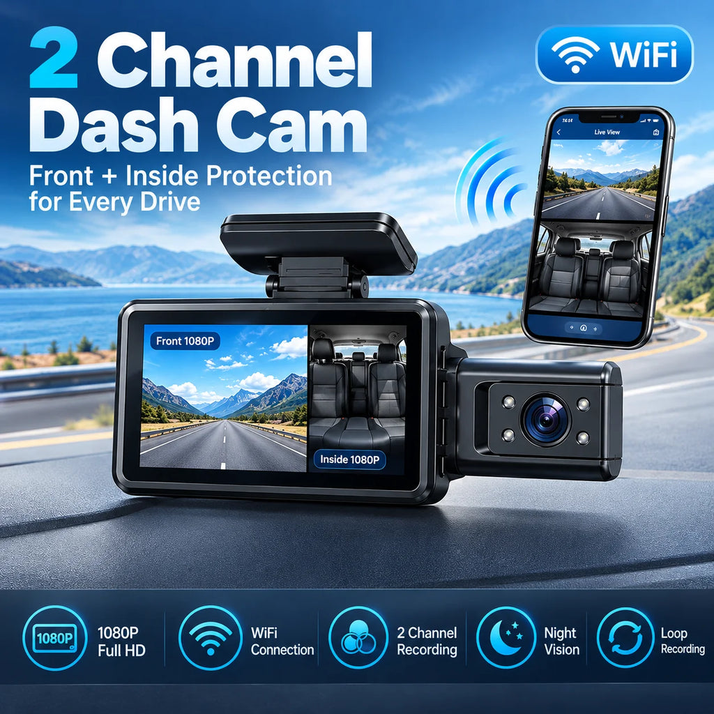 HD 1080P Car DVR Dash Cam with 3 Lens Wide Angle Night Vision G-Sensor Loop Recording for Front Inside and Rear Vehicle Camera
