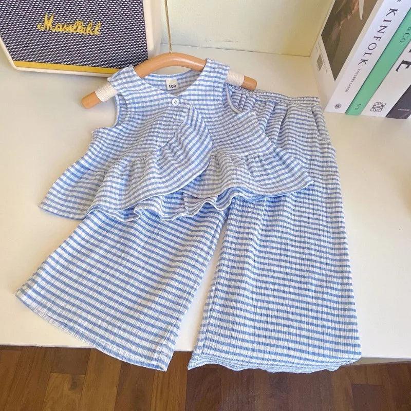 Summer Girls' Clothing Sets Plaid Fashion Version Personalized Top + Long Pants 2Pcs Baby Kids Children Clothes Suit
