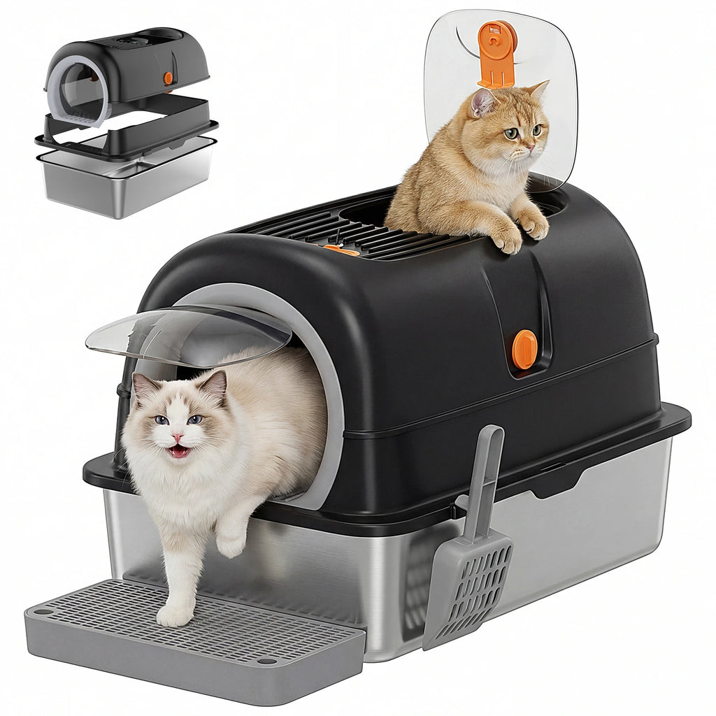 JHK 24IN Stainless Steel Cat Litter Box with Fully Enclosed 30L Large Cat Litter Box for Big Cats Cat Box Scoop and Mat Included