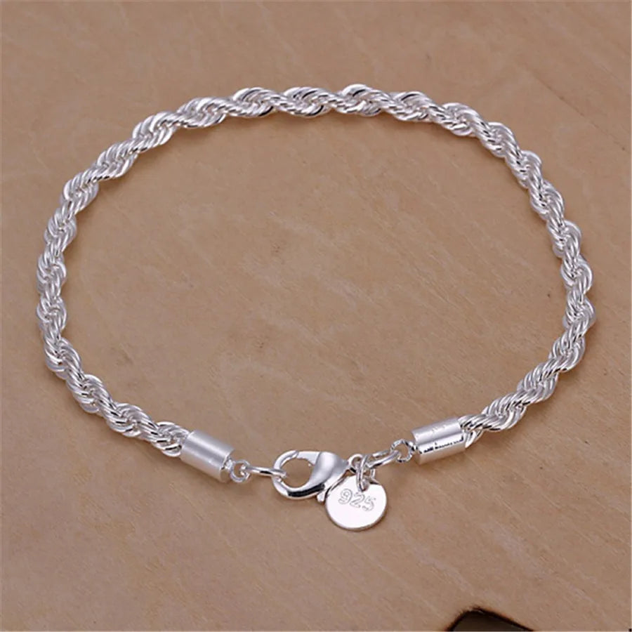 high quality silver color 4MM women men chain male twisted rope necklace bracelets fashion Silver jewelry Set