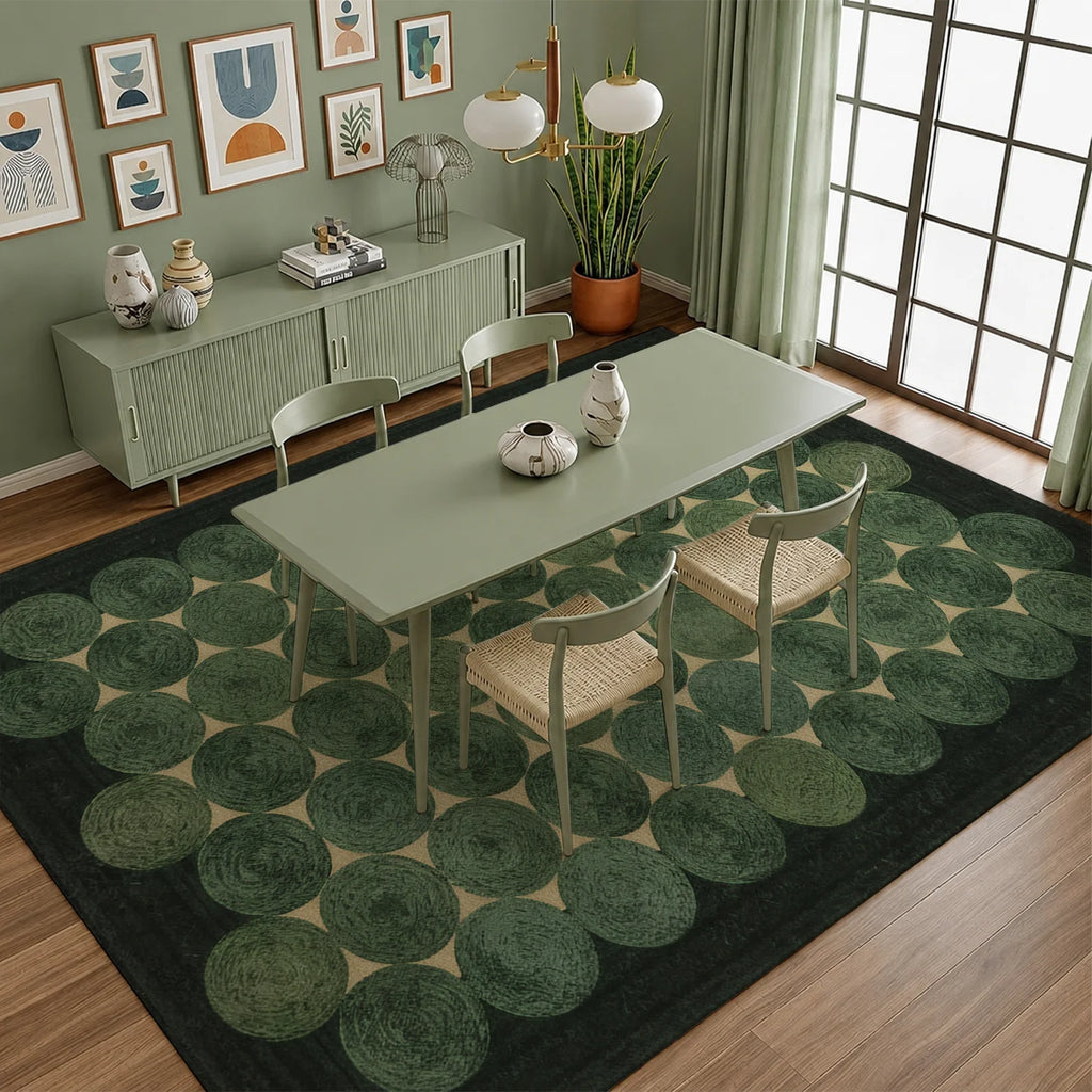 Large Indoor Area Rug, Soft Velvet Low Pile Rug with Non-Slip Dotted Backing & Machine Washable, Modern Geometric Moss Green Circle Pattern for Living Room, Bedroom, Entryway