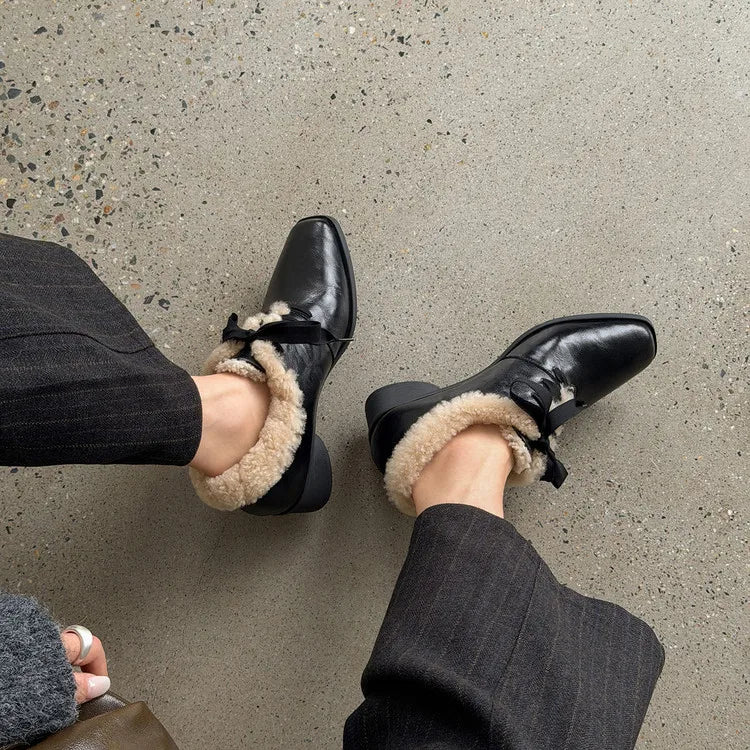 2026 New Autumn Winter Split Leather Women Shoes Fashion Retro Square Toe Shoes for Women Handmade Mid Heels Warm Women Pumps