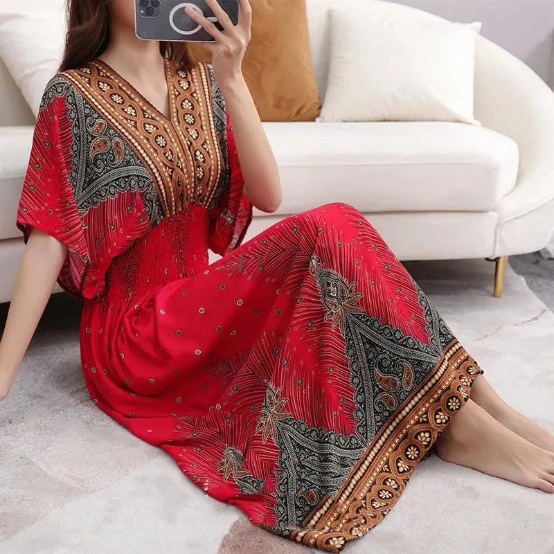 2025 Summer New Casual Elegant Retro Bohemian Style V-neck Elastic Waist Large Swing Printed Long Skirt Autumn Summer Dress