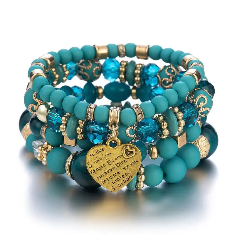 4Pcs Boho Crystal Beads Chain Bracelet Set For Women Vintage Heart Charm Elastic Bangle Men Fashion Party Jewelry