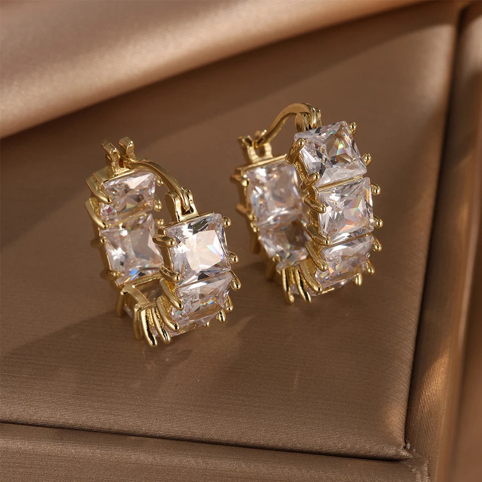 ZAKOL Vintage Black Square Crystal Hoop Earrings for Women Shiny Exquisite Zircon Round Earrings Wedding Party Jewelry