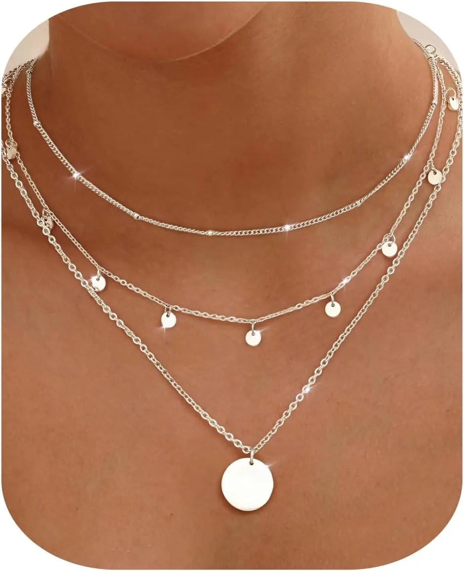 Bobisty 3Pcs Necklace for Women Stainless Steel Waterproof Chain Adjustable Layered Necklace Set Coin Heart Choker Jewelry Gift