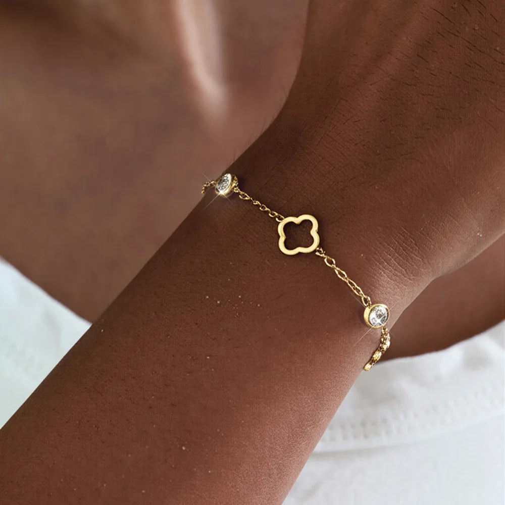 Classic Hollowed-out Four-leaf Flower Zircon Inlaid Stainless Steel Bracelet Trendy Party Clover Jewelry Gift For Women