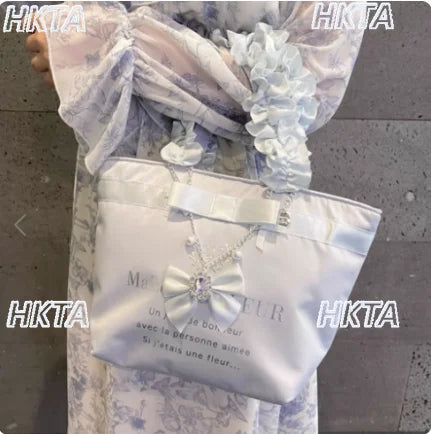 Japanese Style New Letter Satin Cute Bow Lolita Portable Tote Bag Women Commuting Versatile Pleated Sweet Single Shoulder Bag