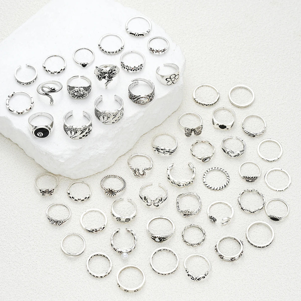 51pcs Gothic Punk Ring Set For Women Men Fashion Butterfly Heart Snake Design Match Ring Daily Wear Halloween Jewelry Gifts New