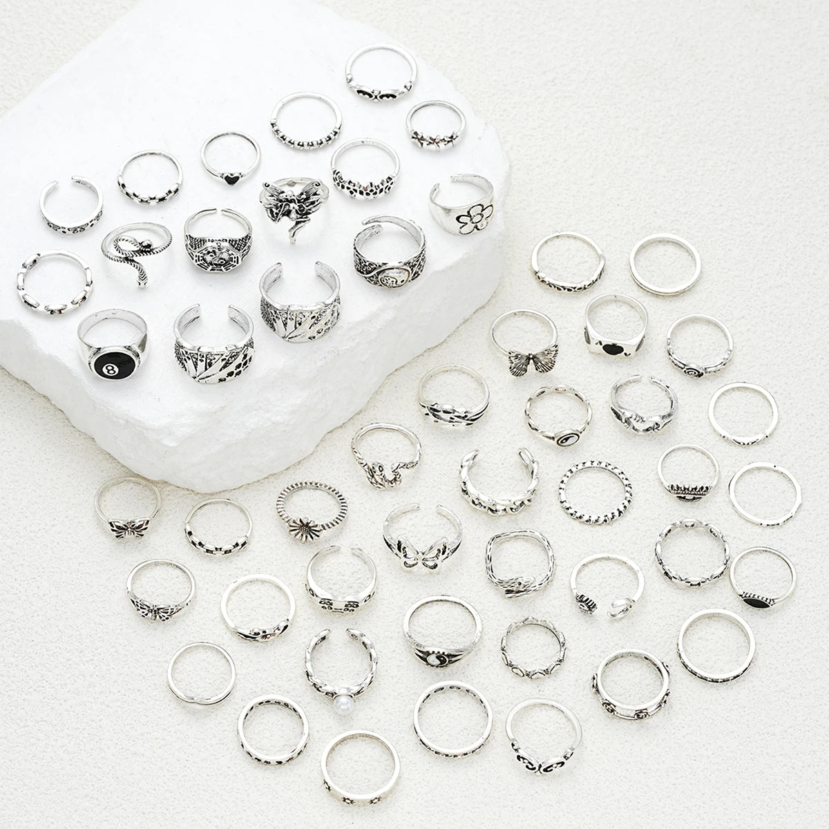 51pcs Gothic Punk Ring Set For Women Men Fashion Butterfly Heart Snake Design Match Ring Daily Wear Halloween Jewelry Gifts New