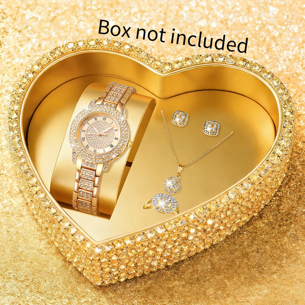 5PCS Luxury Women Roma Dial Quartz Watch Fashion Diamond Ladies Wristwatch Jewelry Set Reloj Mujer Girls Clock (Without Box)