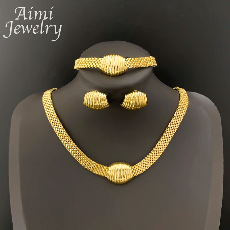 Necklace Earrings Bracelet Sets Simple Gold Plated Jewelry Set for Women Italian Jewellery Set Bridal Wedding African Party Gift