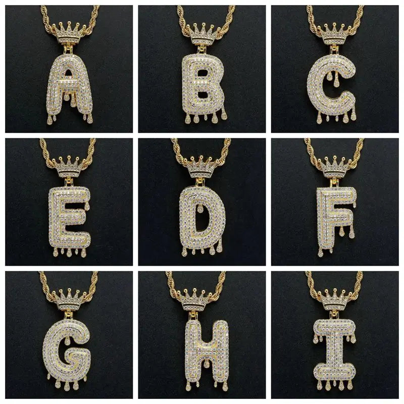 Hip Hop Iced Out Bling Cubic A-Z Drip Crown Zircon Initial Letters Necklaces Pendant Necklace Chain Men Jewelry with Rope Chain