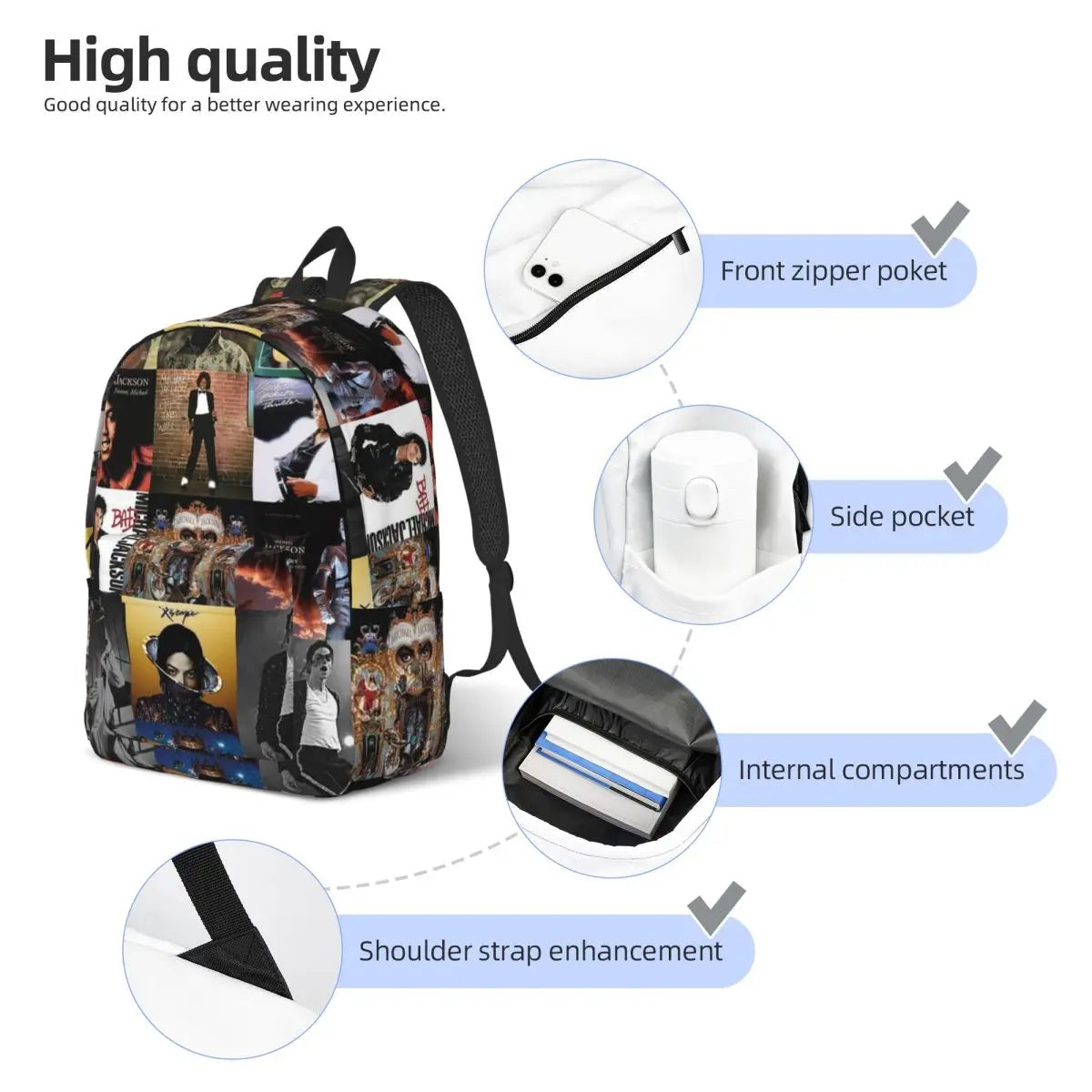 Michael Jackson Backpack Daypack Large Capacity Children BookBag School Bag Shoulder Bags for Men Women