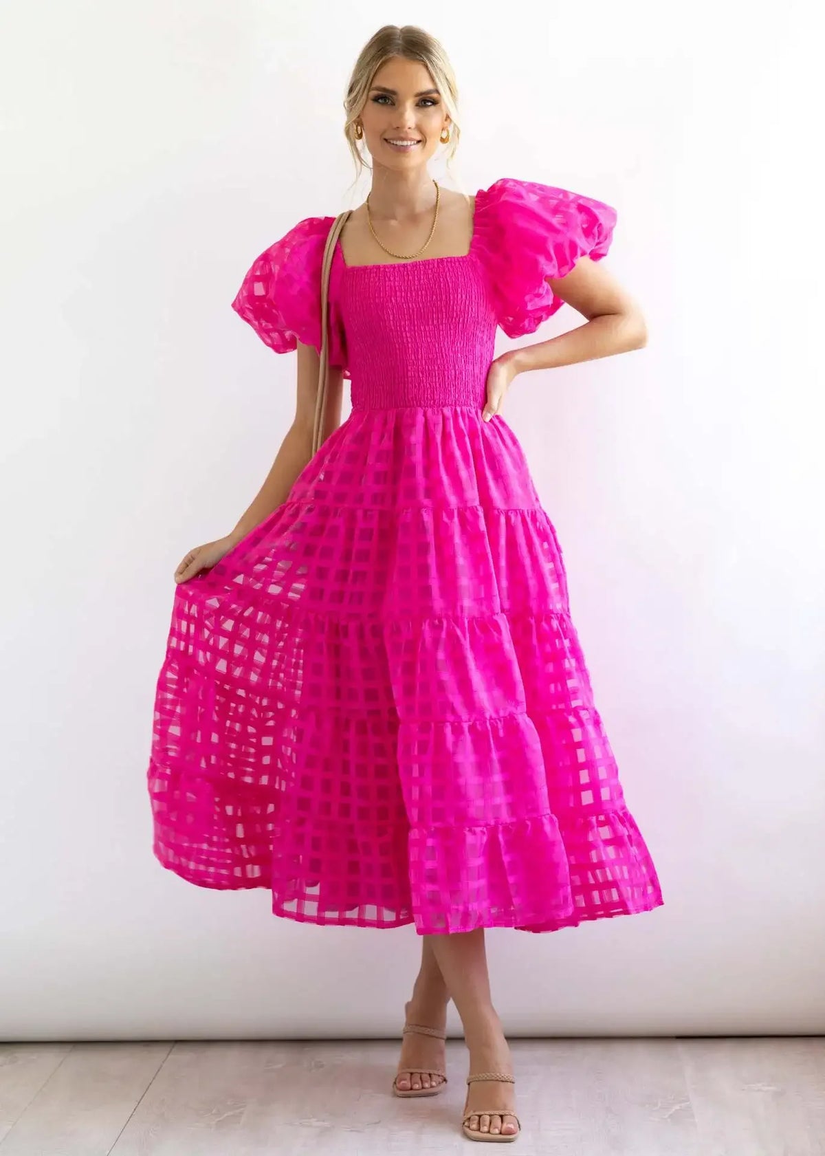 Fashion Party Maxi Dresses Women Holiday 2023 New Solid plaid Pleated A-line Dress Summer Women SHort Puff Sleeve Dress Elegant