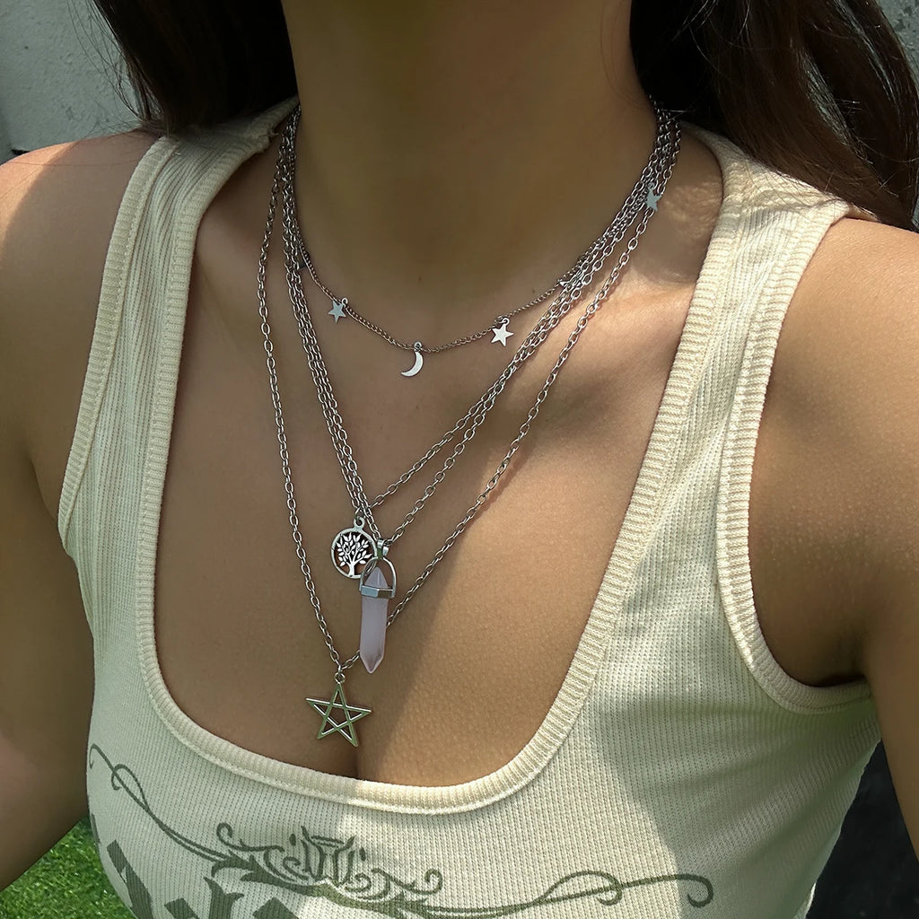 4Pcs Ethnic Pink Crystal Star Pentagram Pendant Choker Necklace for Women Elegant Moon Tassel Chain Party Jewelry Accessories