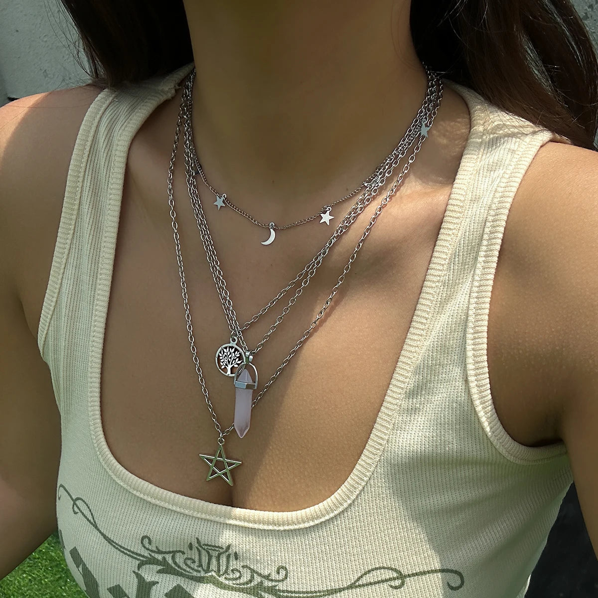 4Pcs Ethnic Pink Crystal Star Pentagram Pendant Choker Necklace for Women Elegant Moon Tassel Chain Party Jewelry Accessories