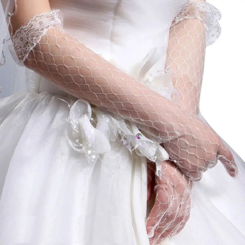Long Thin Mesh Gloves Pearls Lace Gloves Summer Ruched Tulle Pearls Mittens Fingerless Gloves for Wedding Party Dress Costume