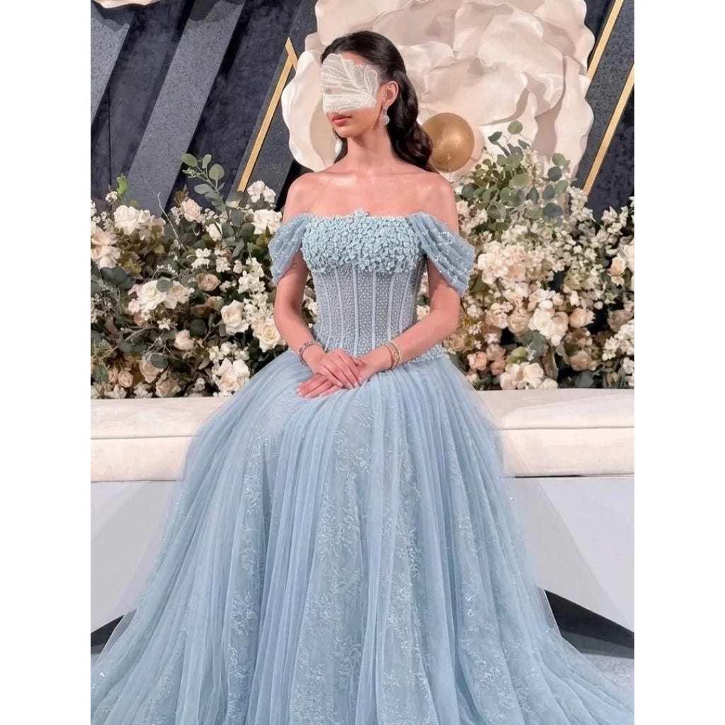 Bella Customized Lace Embroidery Floor-Length Prom Dress 3D Flower vestidos de noche Short Sleeve Crystal Evening Dresses 2026