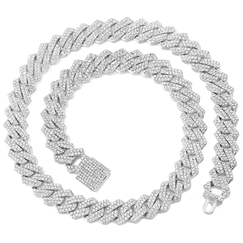 16/18/20/22/24inch Gold Color Cuban Link Chain for Women Men 2 Row Rhinestone Rhombus Prong Cuban Necklaces Hip Hop Jewelry