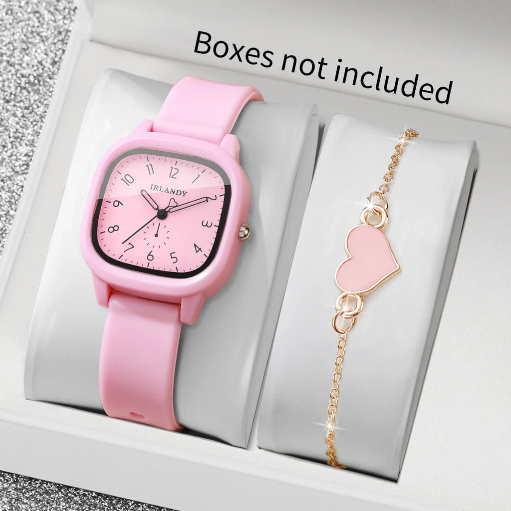 2PCS Fashion Arabic Dial Women Quartz Watch Heart Bracelet Set Square Silicone Strap Wristwatches Reloj Mujer (Without Box)