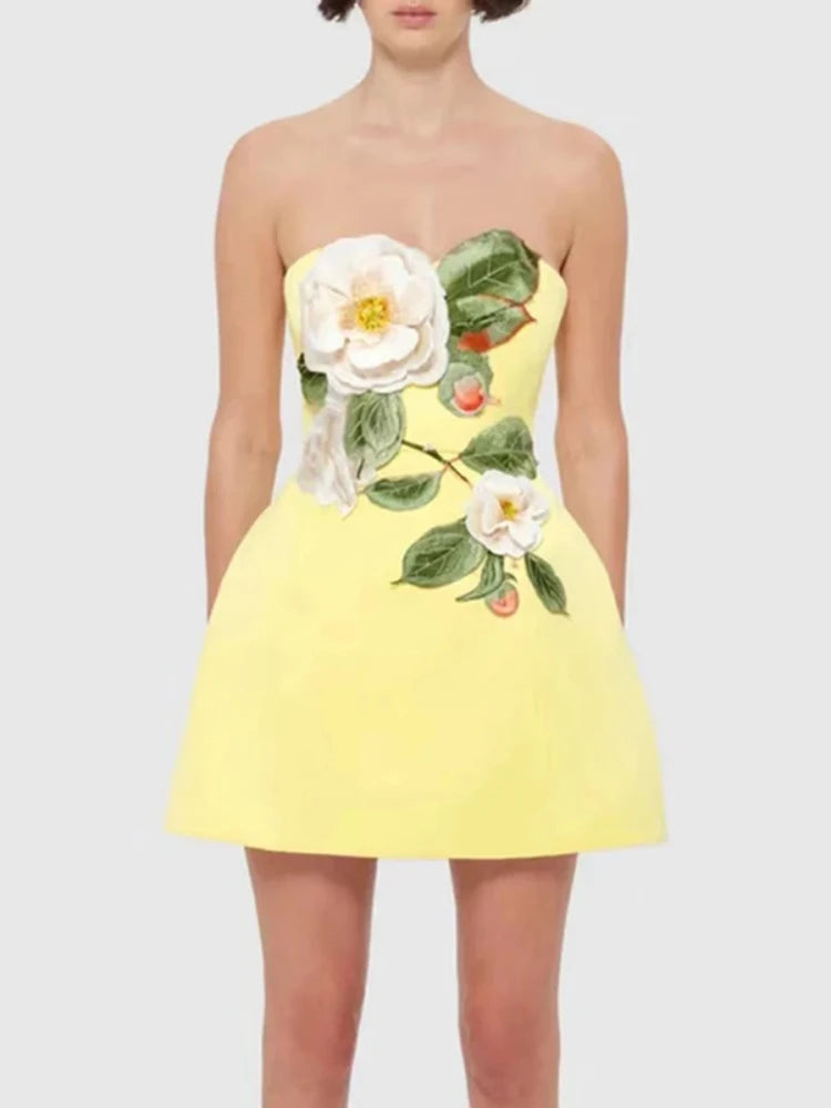 Sexy Strapless Embroidered Flower Mini Dress Women Yellow Sleeveless Backless Floral A-line Dresses Evening Party Cocktail Gowns