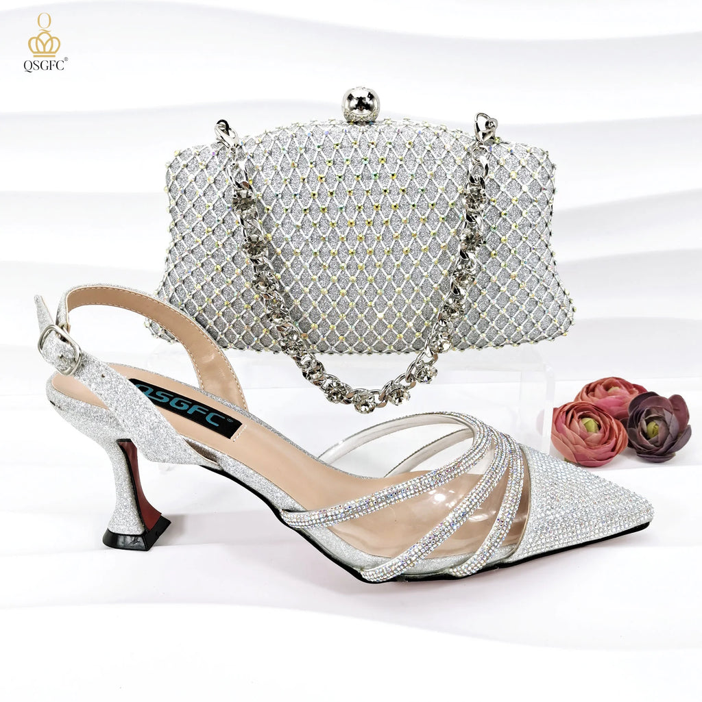 QSGFC Italian Design Nigeria New Trendy Full Diamond Embellished High Heels Peach Color Women's Bag and Shoes For Party Wedding