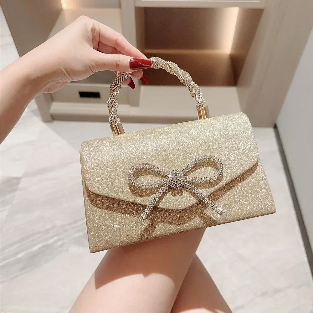 Fashion Rhinestone Bowknot Evening Bag Glitter Gold Silver Bow Chain Bag Clutch Bag for Women Female