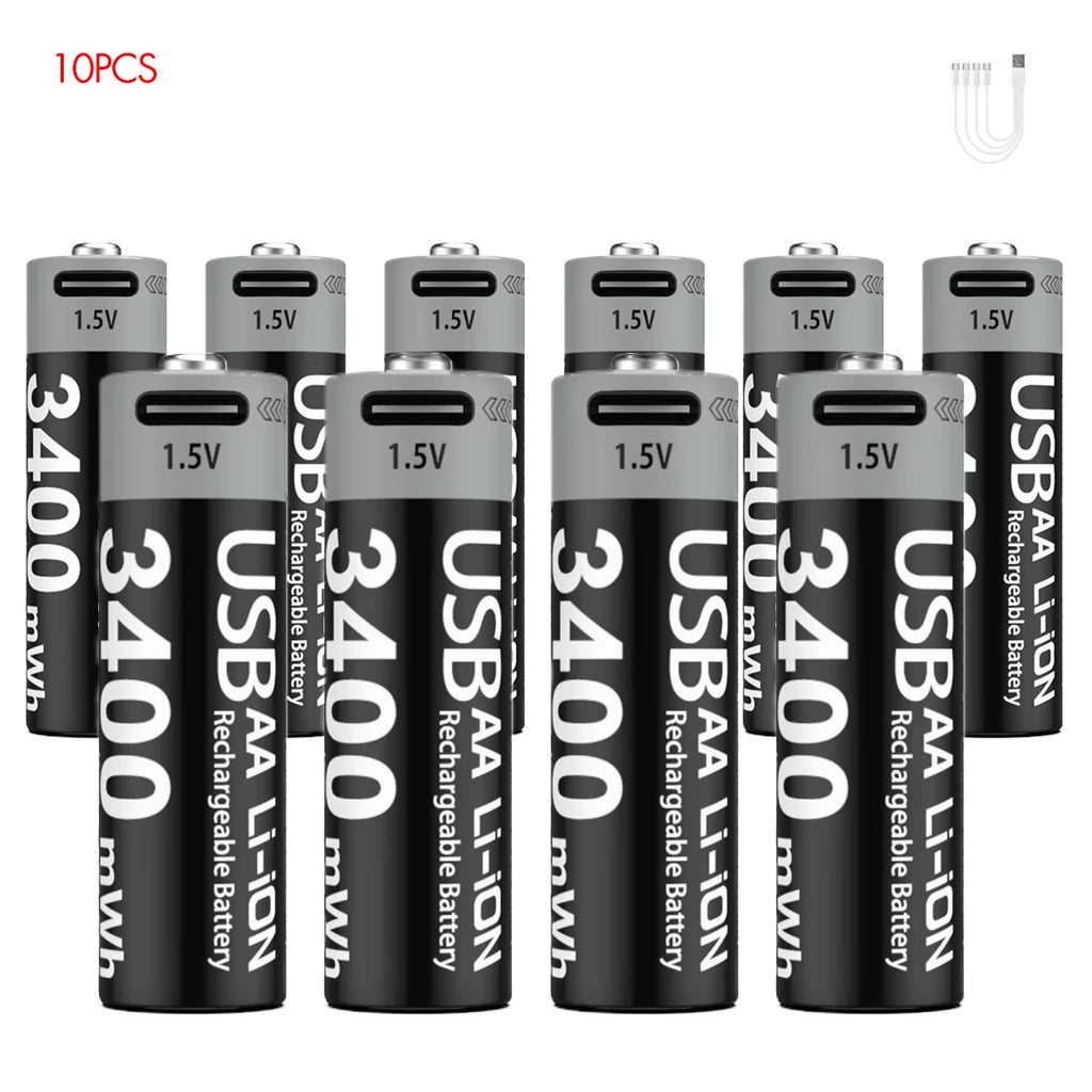 Kuugro High Capacity 1.5V 3400mWh AA Rechargeable Battery USB Type-C AA Li-ion Battery for Remote Control Smart Door Lock Toy