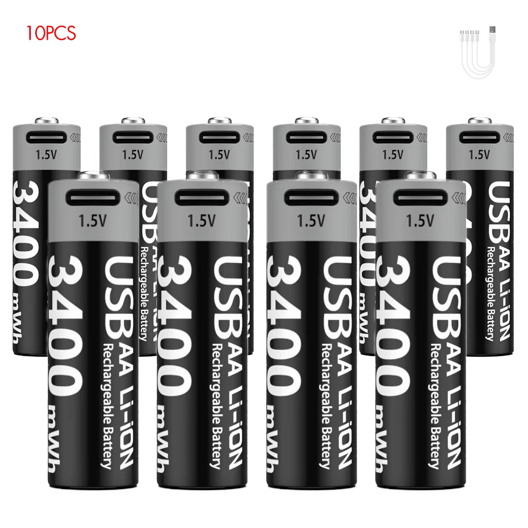 Kuugro High Capacity 1.5V 3400mWh AA Rechargeable Battery USB Type-C AA Li-ion Battery for Remote Control Smart Door Lock Toy