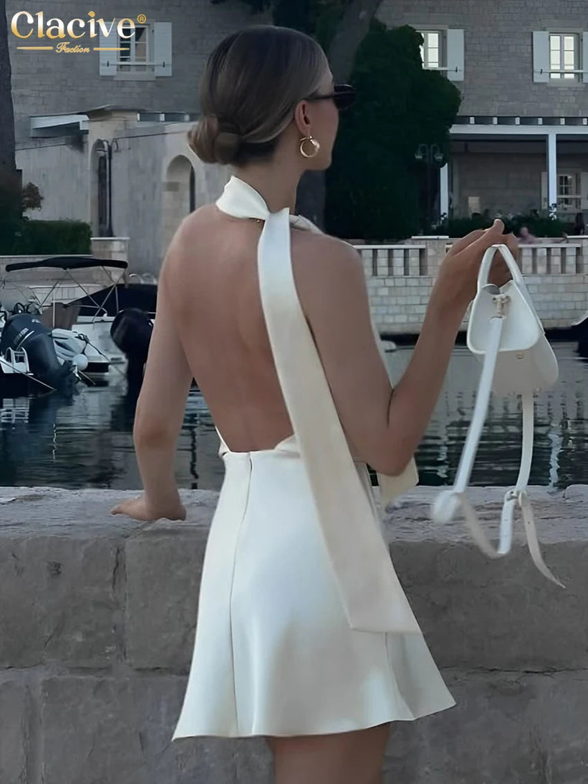Clacive Summer Slim Beige Satin Women Dress Sexy Halter Sleeveless Mini Dresses Elegant Lace-Up High Waist Backless Female Dress