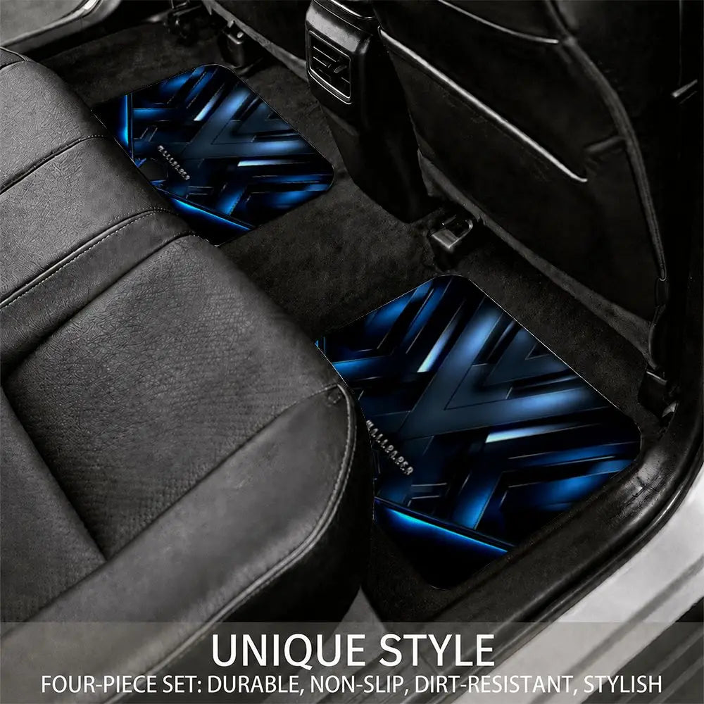 4Pcs Universal Car Floor Mat Blue Metallic Geometric Tech Print Waterproof Non-slip Auto Foot Liners Stain Resistant All Weather
