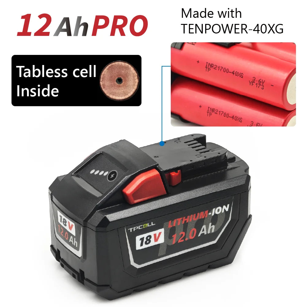 TPCELL 12AH/15AH For M.18 Tabless 21700 18V Professional  Battery Li-ion Replacement  High Output