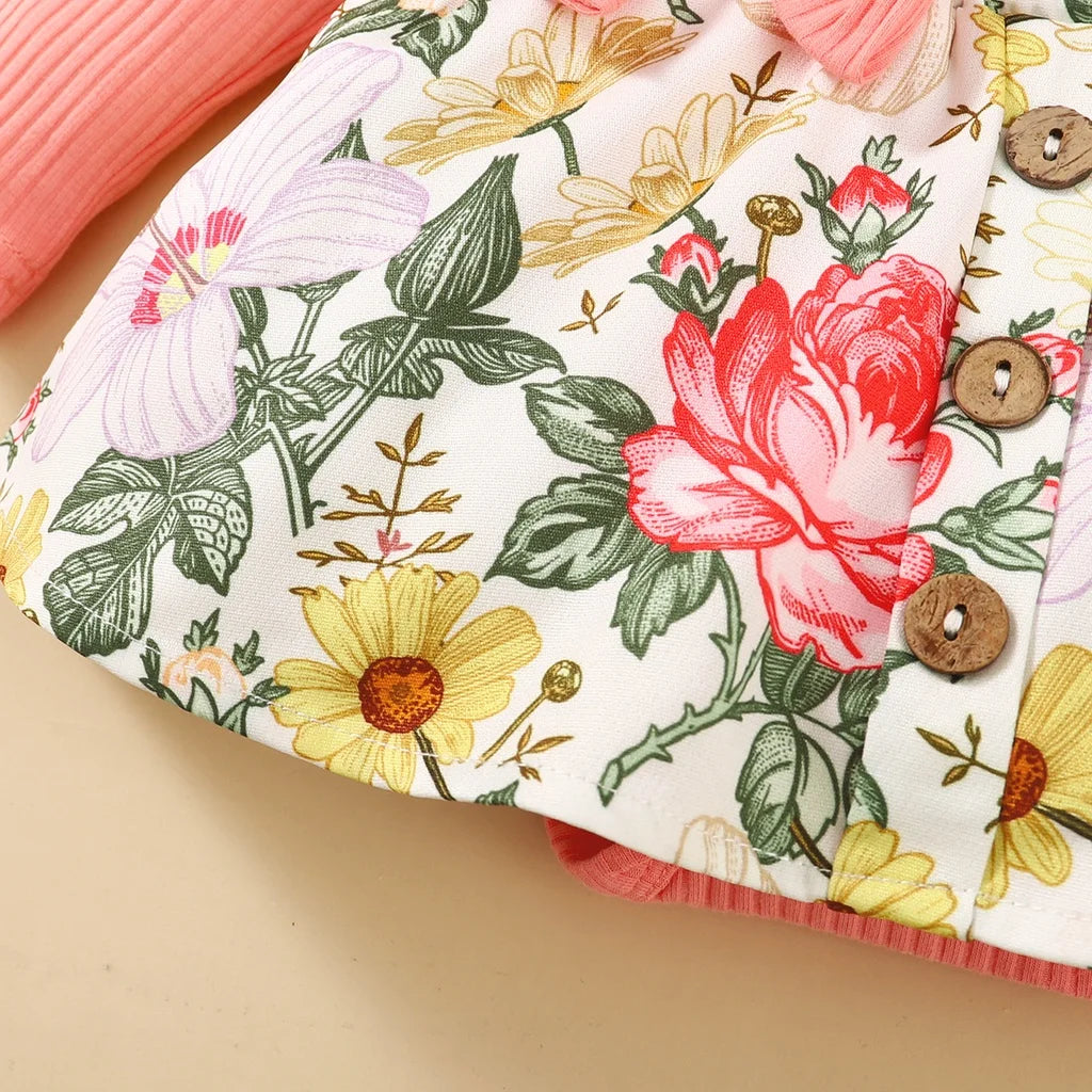 0-18 Months Newborn Baby Girl Clothes Baby Flower Romper Dress Long Sleeves Bodysuit+Headband Infant Girl 2PCS Cute Costume