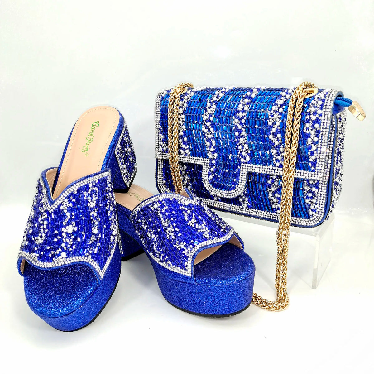 QSGFC Italian Design Fashion Crystal Fish Mouth High Heels Elegant, Exquisite, And Mature Women's Sandals And Square Bag Set