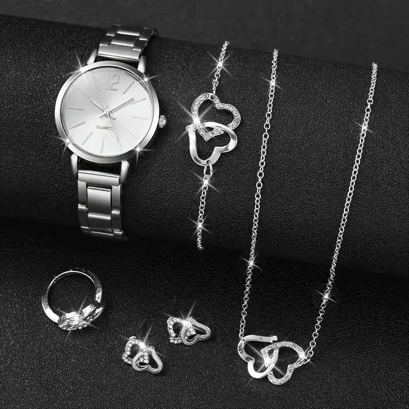 6pcs new luxury ladies' steel strap quartz watch+hot selling gorgeous diamond jewelry set