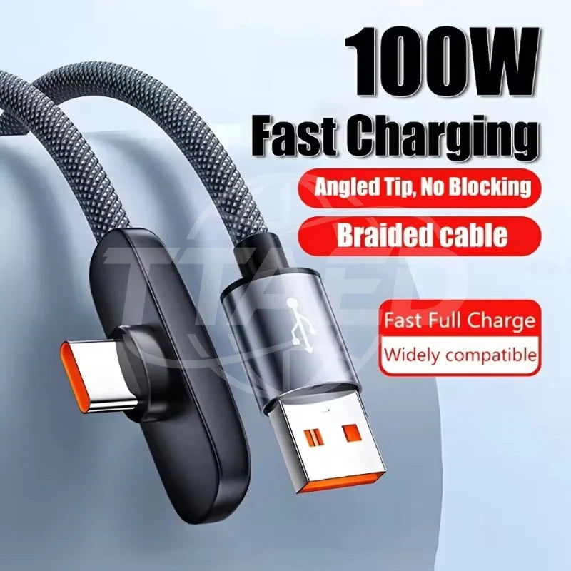 100W USB To Type C Fast Charging 90° Elbow Data Cable PD USB C Super Charging Game Cable for Samsung S23 S22 Huawei POCO Realme