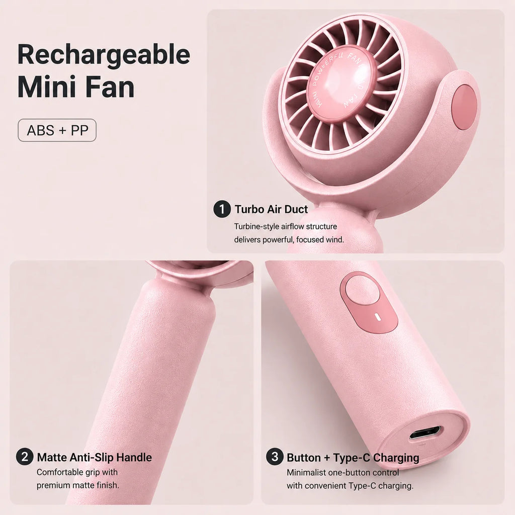 Portable Handheld Fan, Foldable Turbo Mini Fan with Strong Wind, Ultra Quiet Personal Cooling for Travel Office Outdoor, Cherry Blossom Pink