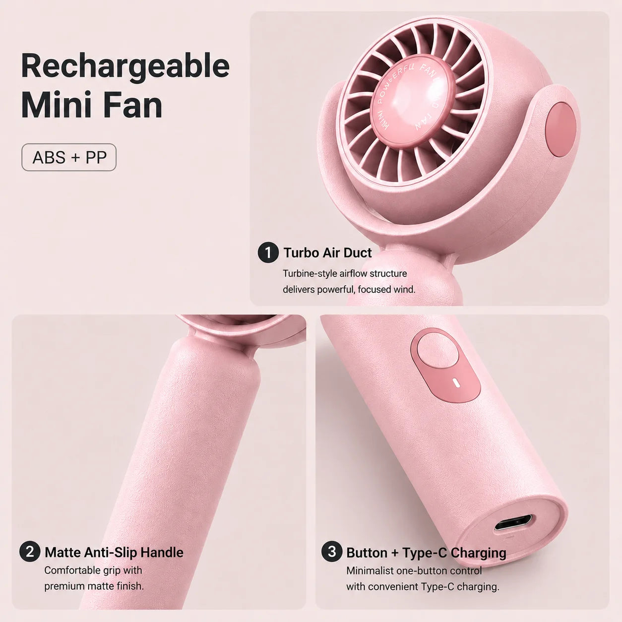 Portable Handheld Fan, Foldable Turbo Mini Fan with Strong Wind, Ultra Quiet Personal Cooling for Travel Office Outdoor, Cherry Blossom Pink