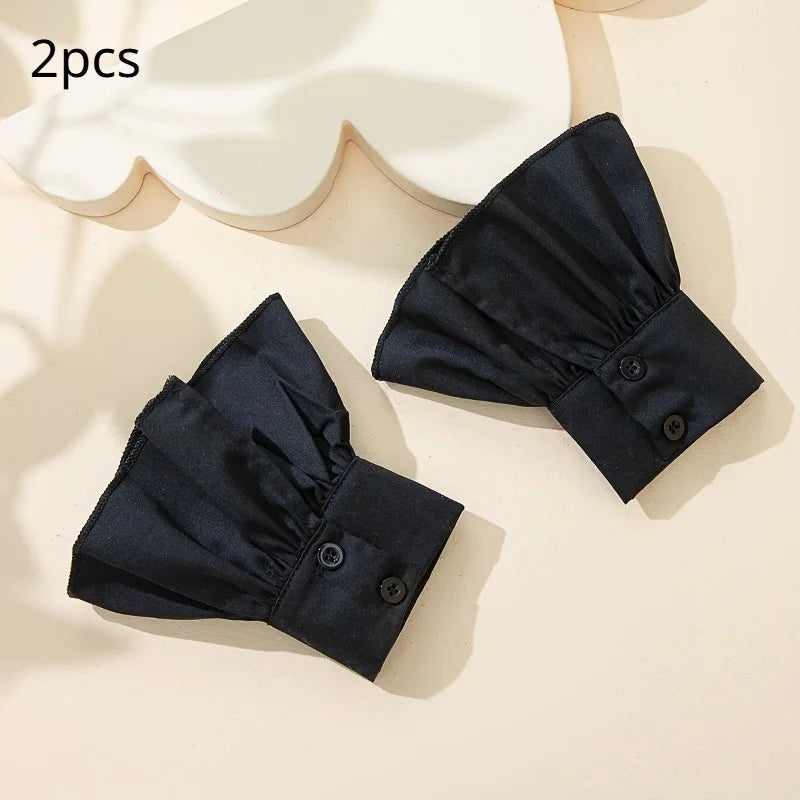 2pcs Ruffles Simple White Cuffs Trumpet Shaped Sleeve Button Casual Fake Cuff Women Clothing Accessories Wrist Wrap Cuffs