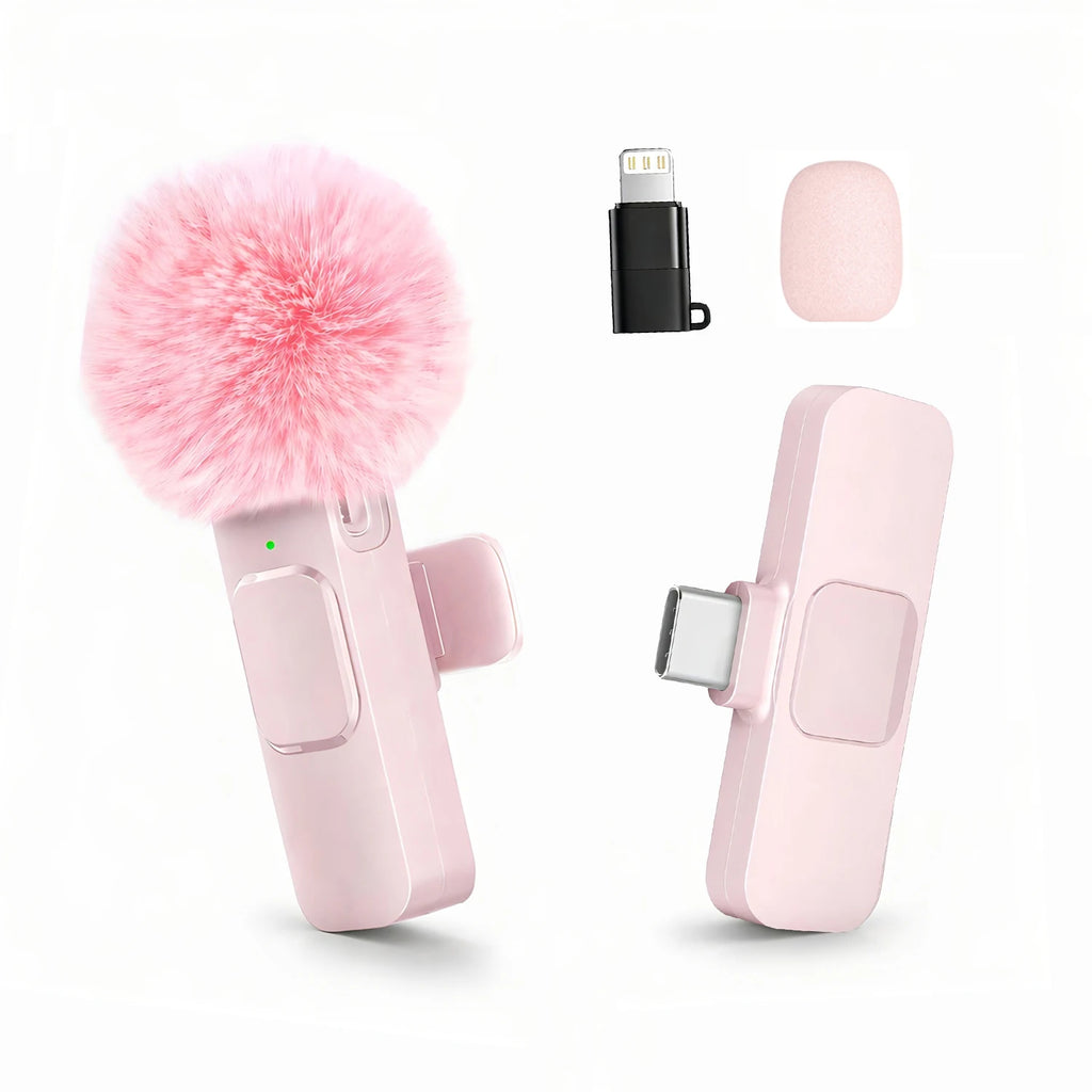 Wireless Lavalier Microphone with Furry Windscreen, Type-C&Lightning Adapter, Mini Clip Mic, Android, iPhone, Tablets, Laptops