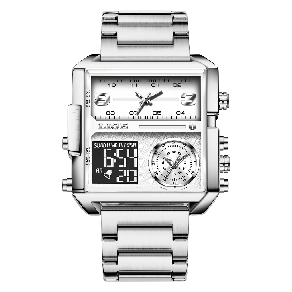 LIGE New Top Brand Luxury Fashion Men Watches Gold Steel Sports Square Digital Analog Big Quartz Watch for Man relogio masculino