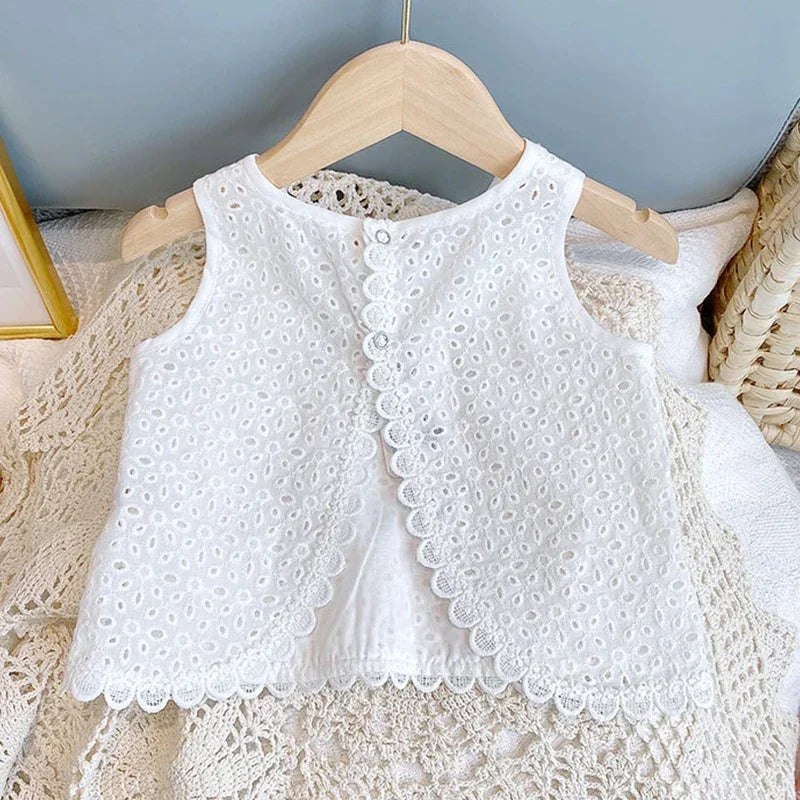 2PCS Kids Sets Summer Girl Clothes Children Hollow Lace Sleeveless Tops Shorts Set Fashion Baby Girl Cardigan Fake Two Suit