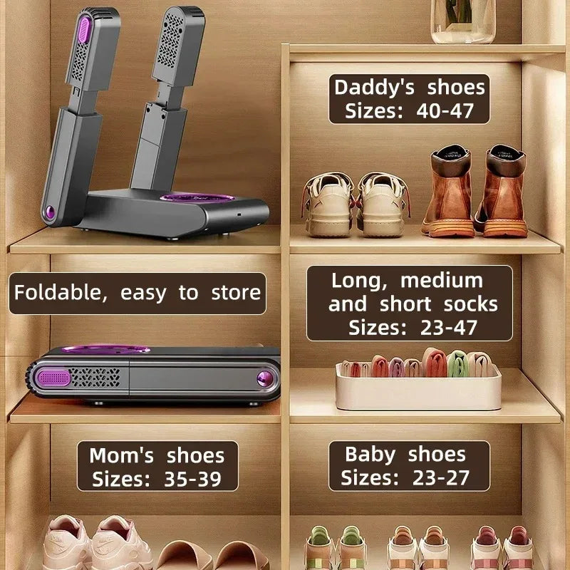 Portable Foldable Electric Shoe and Boot Dryer 180° Folding Design Smart Display Drying Dehumidifier for Shoes Gloves