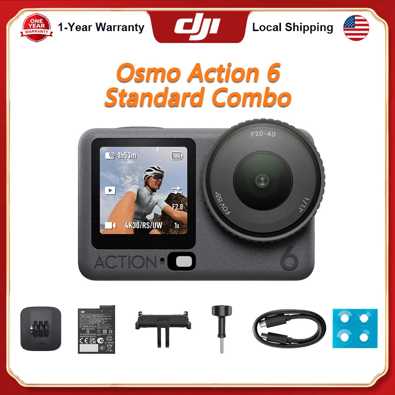 DJI Osmo Action 6 Standard Combo All-In-One Flagship Action Camera 8K Waterproof Action Camera with 1/1.1" Square Sensor Variable Aperture of f/2.0–f/4.0 Rocksteady 3.0 Cold-Resistant 4hrs Battery Built-in 50GB Storage Vlog